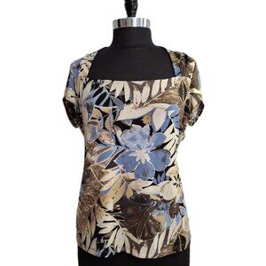 Blue Floral Square Neck Sz L Top Cap Sleeves Stretch Polyester
